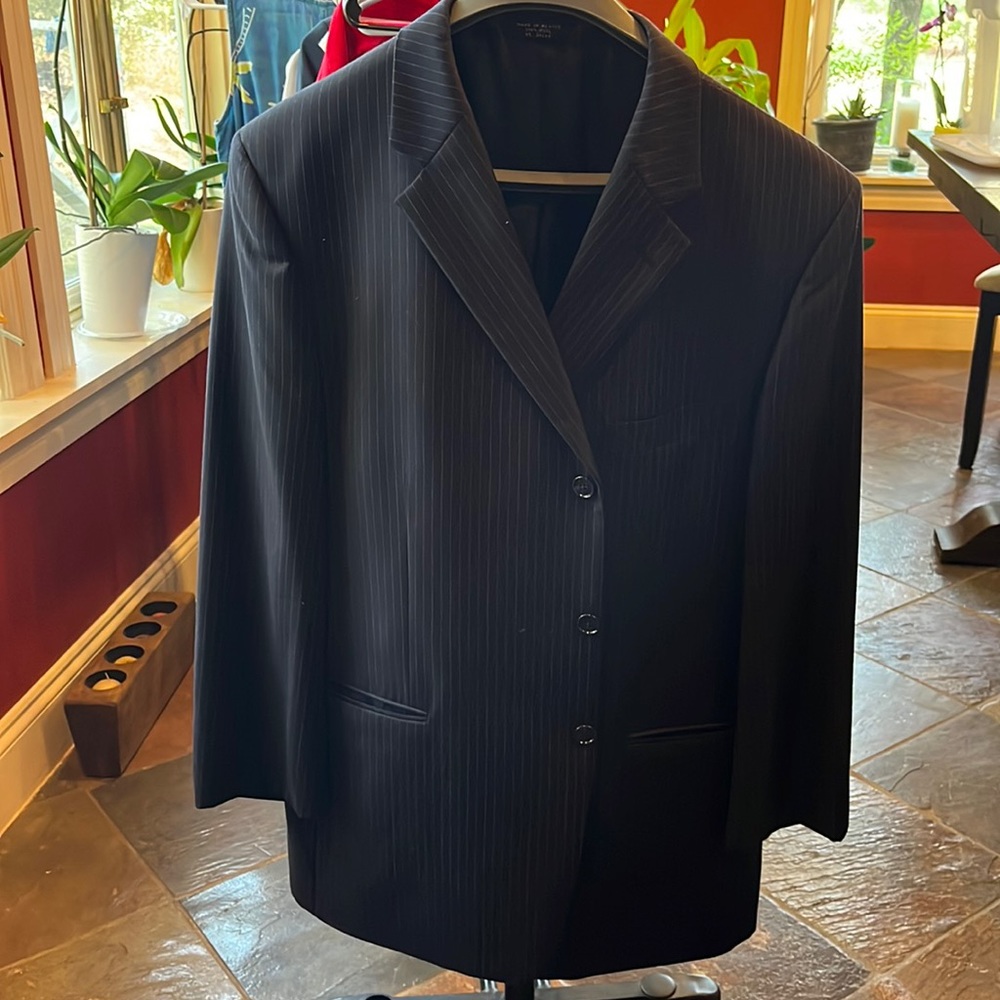 Jones New York classic men’s blazer and vest. Black with white pin stripe.